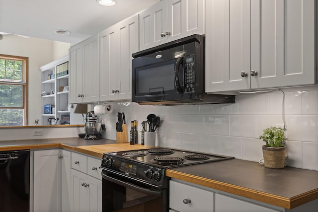 27 Russell Ln, Damariscotta, ME 04543 - kitchen with black appliances, tasteful backsplash, white cabinetry, wood counters, and recessed lighting
