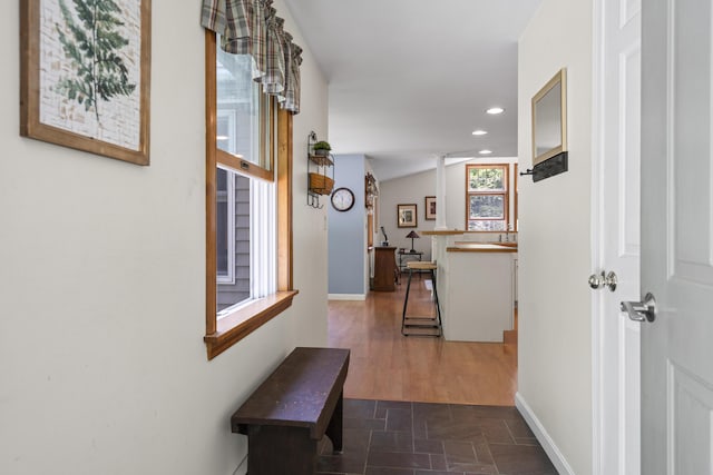 27 Russell Ln, Damariscotta, ME 04543 - corridor featuring recessed lighting and dark stone finish flooring