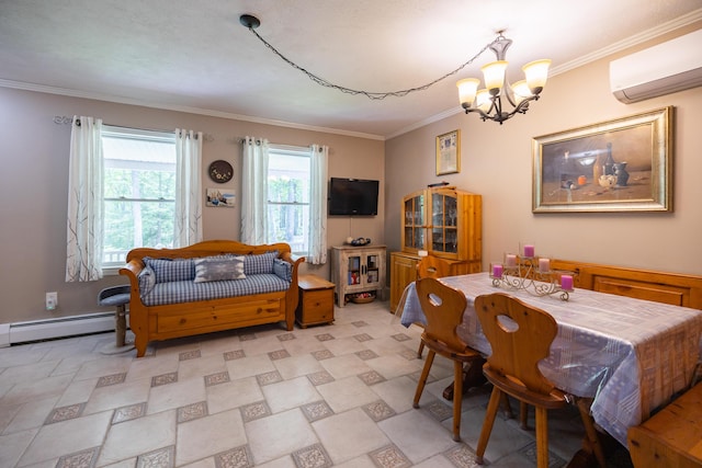 76 Punkintown Rd, Eliot, ME 03903 - dining area featuring a wall mounted air conditioner, a baseboard radiator, a chandelier, and crown molding