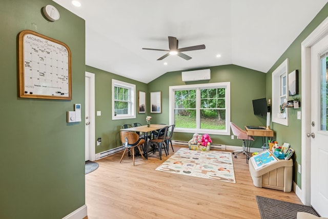 11 Meadow Ln, Portland, ME 04103 - office with a wall mounted AC, ceiling fan, wood finished floors, baseboard heating, and lofted ceiling