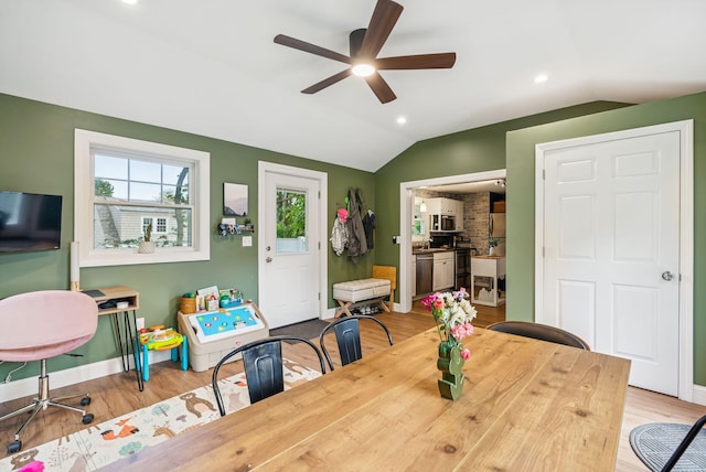 11 Meadow Ln, Portland, ME 04103 - dining space featuring vaulted ceiling, a ceiling fan, light wood-style flooring, baseboards, and recessed lighting