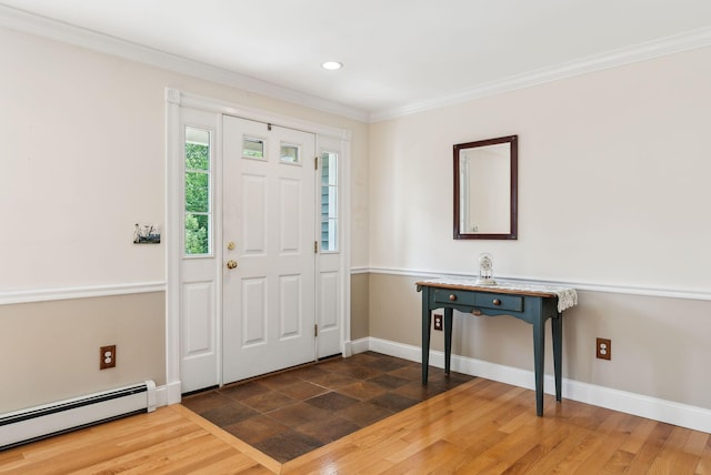 50 Village Green Drive Extension, Ogunquit, ME 03907 - entryway featuring baseboard heating, crown molding, baseboards, dark wood finished floors, and recessed lighting