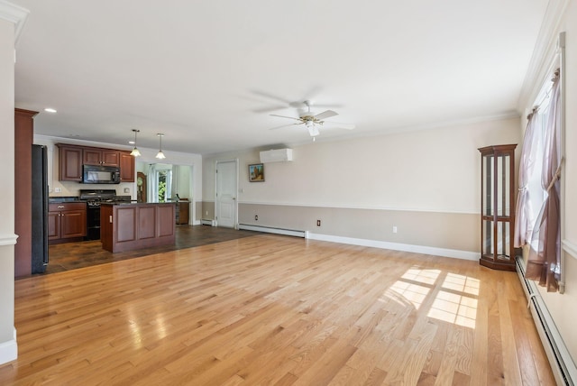 50 Village Green Drive Extension, Ogunquit, ME 03907 - unfurnished living room featuring an AC wall unit, a baseboard radiator, a ceiling fan, a baseboard heating unit, and light wood-type flooring