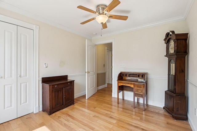 50 Village Green Drive Extension, Ogunquit, ME 03907 - home office featuring a ceiling fan, light wood finished floors, ornamental molding, and baseboards