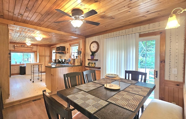 65 Pine Ridge Rd, Cushing, ME 04563 - dining area featuring wallpapered walls, light wood-style flooring, wooden ceiling, and a ceiling fan