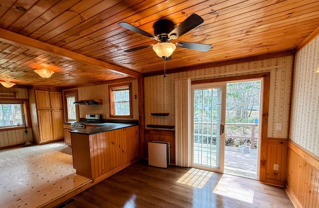 65 Pine Ridge Rd, Cushing, ME 04563 - kitchen featuring gas stove, a peninsula, wooden ceiling, wallpapered walls, and dark countertops