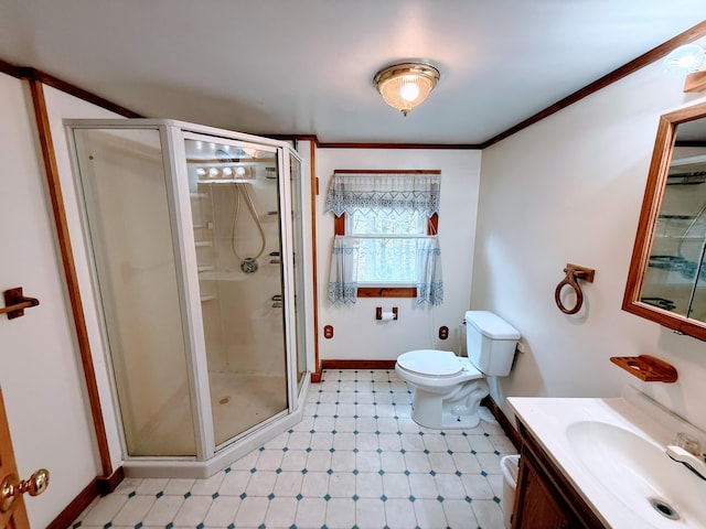 65 Pine Ridge Rd, Cushing, ME 04563 - bathroom featuring vanity, toilet, a stall shower, and tile patterned floors
