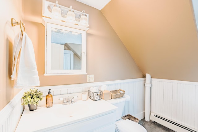 24 High St, Livermore Falls, ME 04254 - half bath featuring a baseboard heating unit, vanity, and lofted ceiling