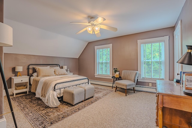 24 High St, Livermore Falls, ME 04254 - bedroom with multiple windows, ceiling fan, lofted ceiling, carpet, and a baseboard heating unit