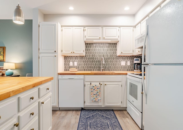 38 Guadalcanal St Unit 38, Brunswick, ME 04011 - kitchen featuring white appliances, wooden counters, white cabinetry, tasteful backsplash, and recessed lighting