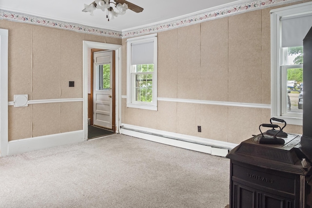 785 W Main St, Waldoboro, ME 04572 - carpeted spare room featuring a baseboard radiator and ceiling fan
