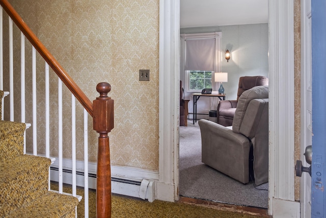 785 W Main St, Waldoboro, ME 04572 - staircase with carpet flooring, a baseboard radiator, and wallpapered walls