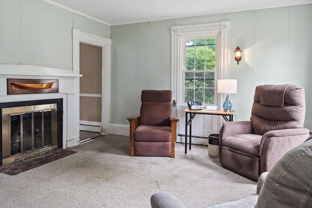 785 W Main St, Waldoboro, ME 04572 - carpeted living room with a baseboard heating unit, a fireplace with flush hearth, and ornamental molding