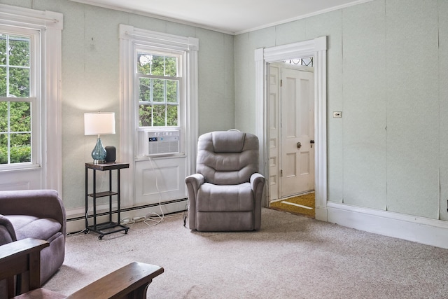785 W Main St, Waldoboro, ME 04572 - living area featuring carpet floors, a baseboard radiator, cooling unit, and crown molding