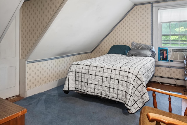 785 W Main St, Waldoboro, ME 04572 - carpeted bedroom with wallpapered walls, baseboard heating, and vaulted ceiling