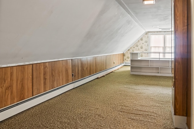 785 W Main St, Waldoboro, ME 04572 - additional living space featuring a baseboard heating unit, vaulted ceiling, and carpet