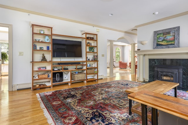 36 Acorn Ln, South Portland, ME 04106 - living area with ornate columns, crown molding, light wood-style flooring, arched walkways, and a premium fireplace