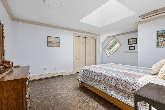 36 Acorn Ln, South Portland, ME 04106 - carpeted bedroom featuring a baseboard heating unit, a skylight, crown molding, and a closet