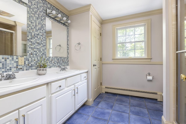 36 Acorn Ln, South Portland, ME 04106 - full bath featuring baseboard heating, a stall shower, double vanity, decorative backsplash, and tile patterned floors