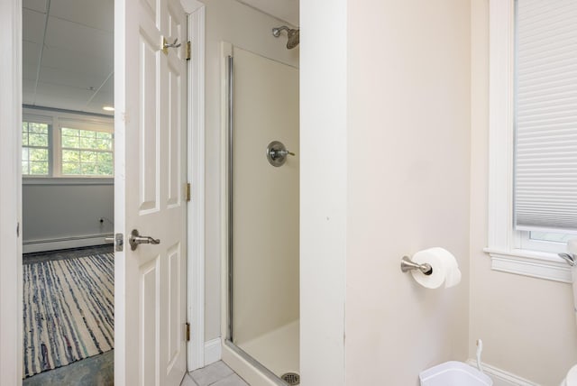 36 Acorn Ln, South Portland, ME 04106 - bathroom featuring a shower stall and a baseboard heating unit