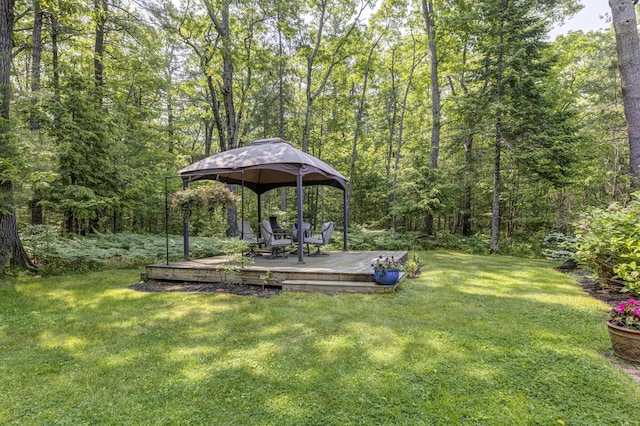 36 Acorn Ln, South Portland, ME 04106 - view of green lawn with a gazebo, a deck, and a wooded view
