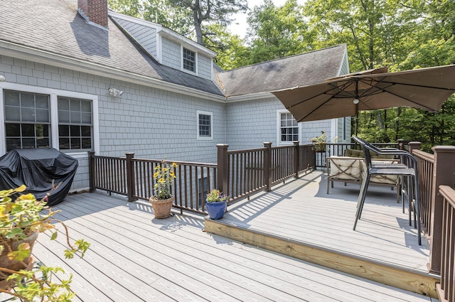 36 Acorn Ln, South Portland, ME 04106 - wooden terrace with outdoor dining area and a grill