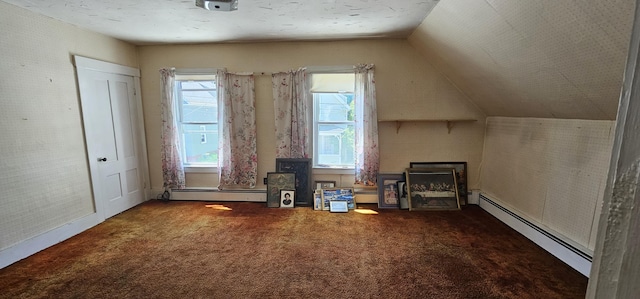 11 Gray St, Waterville, ME 04901 - additional living space featuring a baseboard radiator, carpet floors, and lofted ceiling