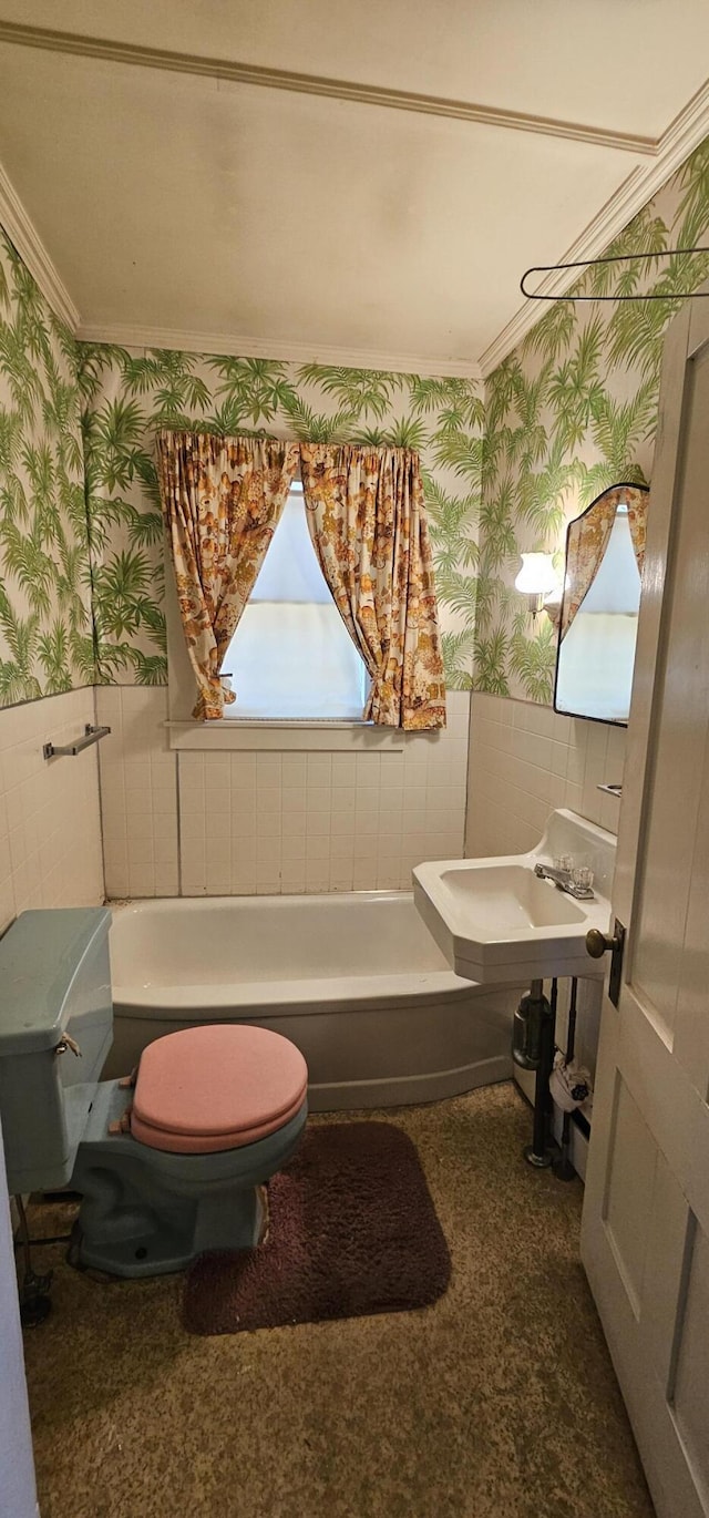11 Gray St, Waterville, ME 04901 - full bath featuring wallpapered walls, a bathtub, crown molding, a sink, and a wainscoted wall