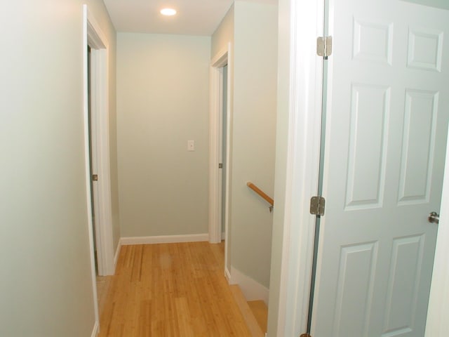 29 Deer Pond Ln, Bangor, ME 04401 - hall with light wood-type flooring, baseboards, an upstairs landing, and recessed lighting