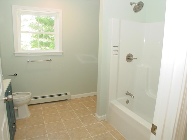 29 Deer Pond Ln, Bangor, ME 04401 - bathroom featuring a baseboard heating unit, vanity, tile patterned floors, toilet, and bathtub / shower combination