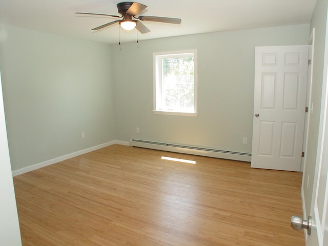 29 Deer Pond Ln, Bangor, ME 04401 - spare room featuring a baseboard radiator, a ceiling fan, light wood-type flooring, and baseboards