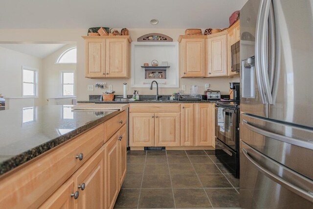 135 Lyle Hall Rd, Wilton, ME 04294 - kitchen with stainless steel fridge with ice dispenser, a sink, black electric range, light brown cabinets, and dark stone countertops