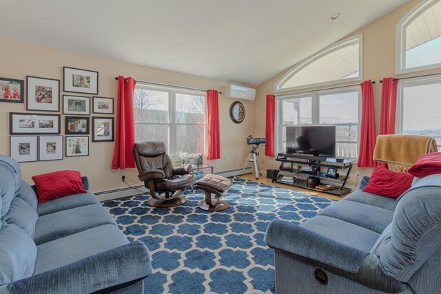 135 Lyle Hall Rd, Wilton, ME 04294 - living room with a wall mounted air conditioner, baseboard heating, and lofted ceiling