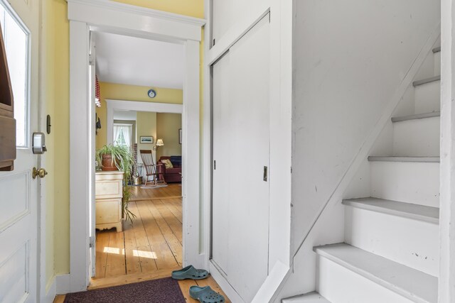 145 Pork Point Rd, Bowdoinham, ME 04008 - staircase featuring hardwood / wood-style flooring