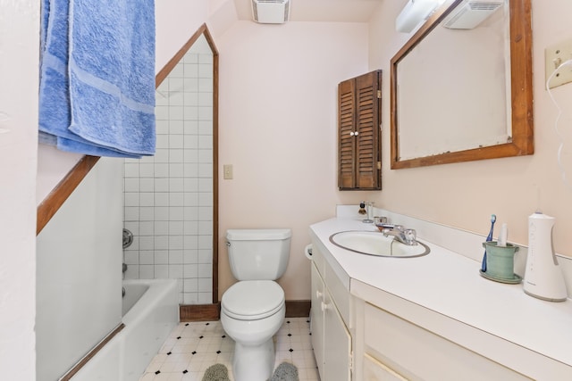 145 Pork Point Rd, Bowdoinham, ME 04008 - bathroom with vanity, toilet, baseboards, and bathtub / shower combination