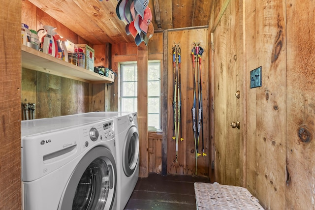 145 Pork Point Rd, Bowdoinham, ME 04008 - laundry room featuring separate washer and dryer, dark wood finished floors, and wooden ceiling