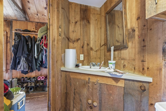 145 Pork Point Rd, Bowdoinham, ME 04008 - bathroom featuring wooden walls and vanity