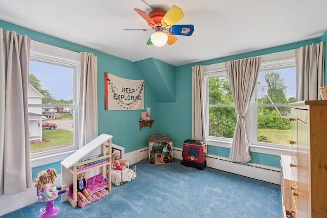47 Beal St, Norway, ME 04268 - game room with a baseboard radiator, carpet flooring, a ceiling fan, and baseboards