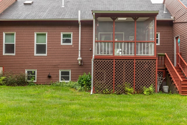 44 Cortland Cir Unit 44, Bangor, ME 04401 - back of house featuring stairs, a shingled roof, and a yard