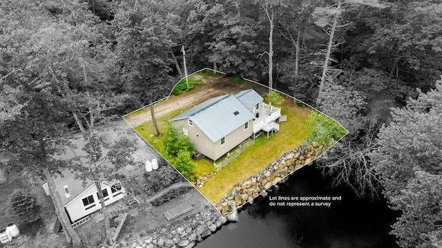 24 Dragon Back Rd, Naples, ME 04055 - view from above of property with property boundaries highlighted and a nearby body of water