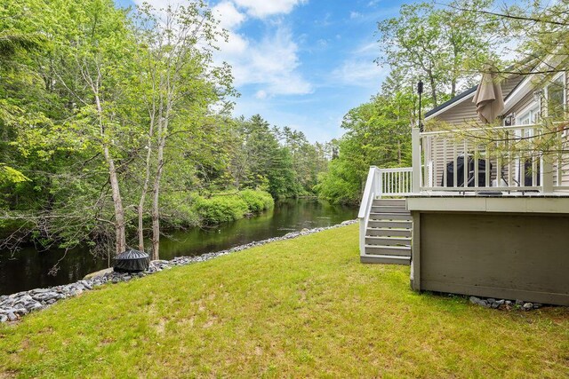 24 Dragon Back Rd, Naples, ME 04055 - view of grassy yard featuring stairs and a deck with water view