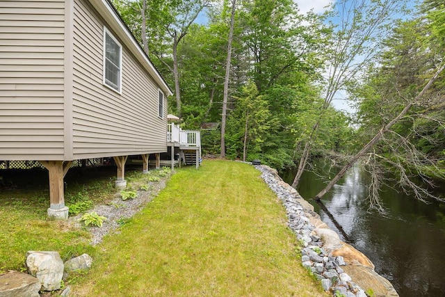 24 Dragon Back Rd, Naples, ME 04055 - view of green lawn featuring a deck with water view and stairway