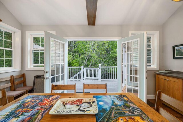24 Dragon Back Rd, Naples, ME 04055 - bedroom featuring access to outside, lofted ceiling, and french doors