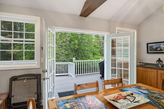 24 Dragon Back Rd, Naples, ME 04055 - doorway featuring healthy amount of natural light and lofted ceiling
