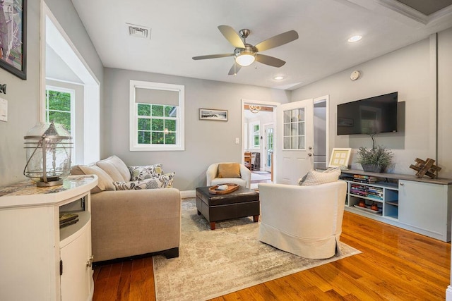 24 Dragon Back Rd, Naples, ME 04055 - living area with wood finished floors, a ceiling fan, and recessed lighting