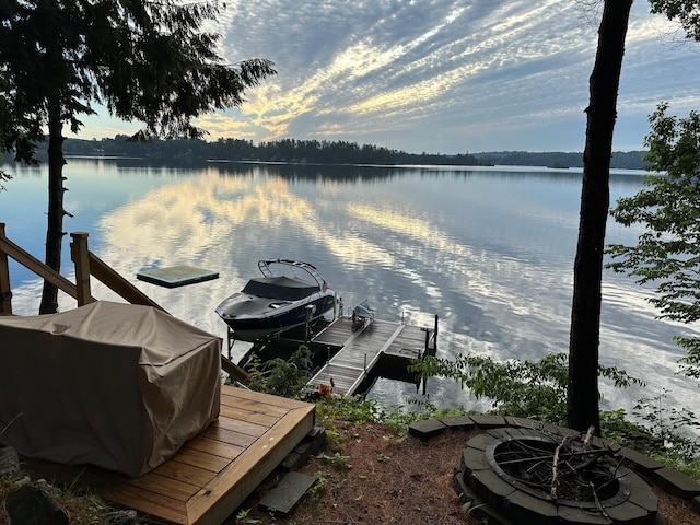 8 S Heritage Woods Ln, Winthrop, ME 04364 - dock with a fire pit, a water view, and boat lift