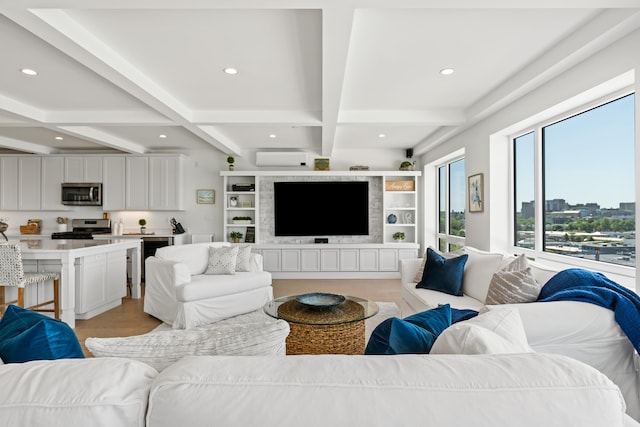 218 Washington Ave Unit 401, Portland, ME 04101 - living area with light wood finished floors, beamed ceiling, coffered ceiling, recessed lighting, and an AC wall unit