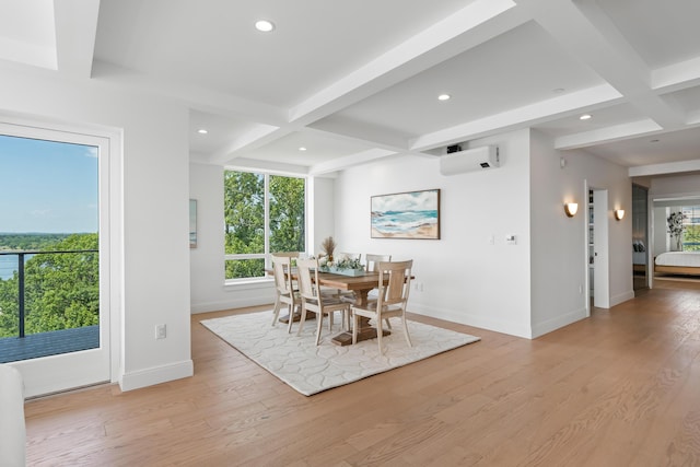 218 Washington Ave Unit 401, Portland, ME 04101 - dining room featuring coffered ceiling, beamed ceiling, light wood-style flooring, and recessed lighting