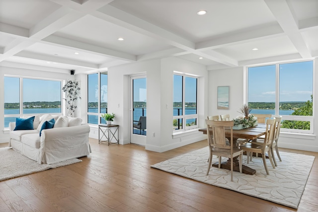 218 Washington Ave Unit 401, Portland, ME 04101 - sunroom / solarium featuring healthy amount of natural light, coffered ceiling, beamed ceiling, and a water view