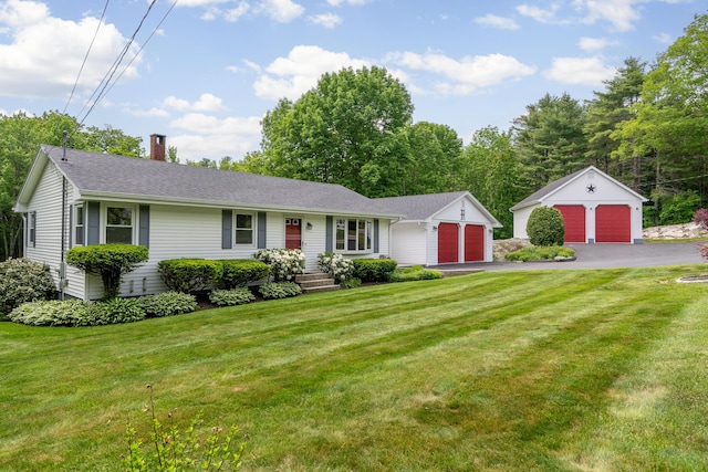 369 Grove St, Lewiston, ME 04240 - ranch-style home with a chimney, a front lawn, and a garage